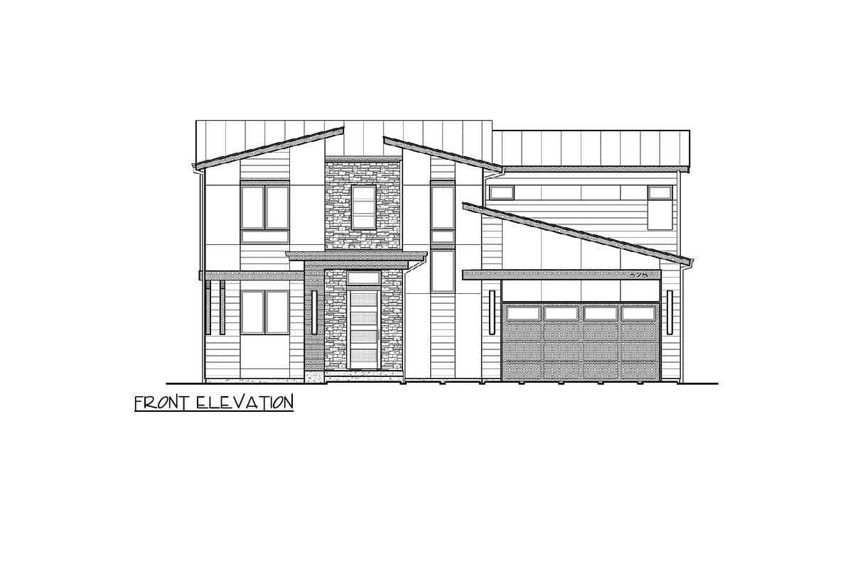 Front elevation drawing of a two-story modern house plan with angled rooflines, stone accents, and a two-car garage.