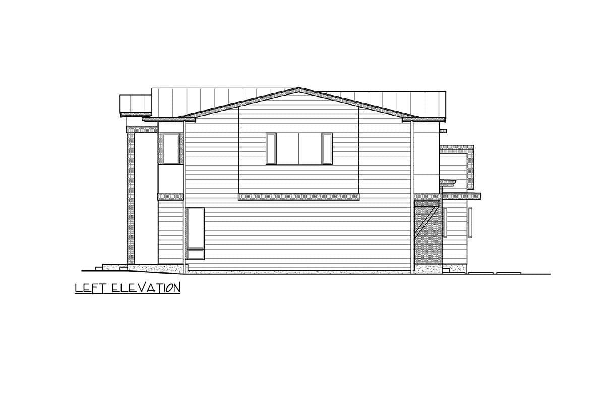 Left elevation drawing of a house plan featuring horizontal siding, a gabled roof, and multiple window configurations.
