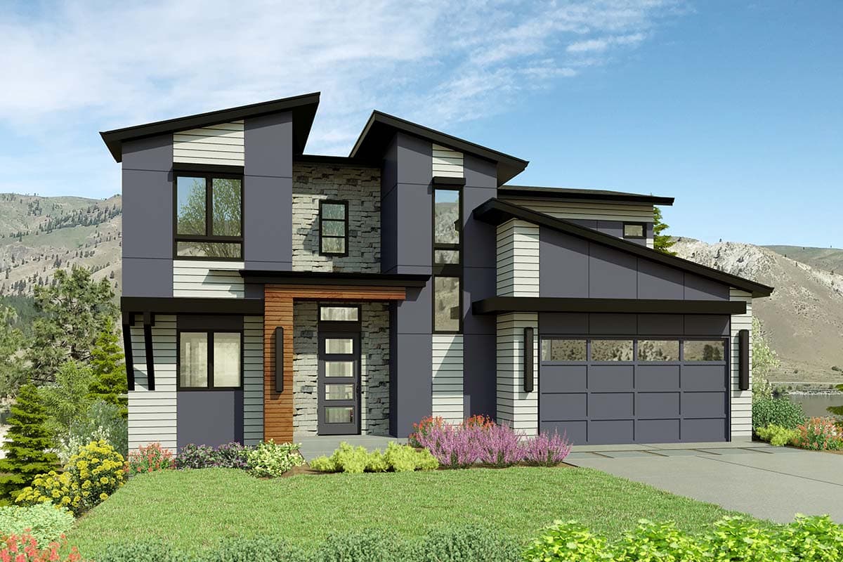 House plan exterior. Modern style, two-story home with a flat roof and asymmetrical gables. Includes a front entry porch and attached garage.