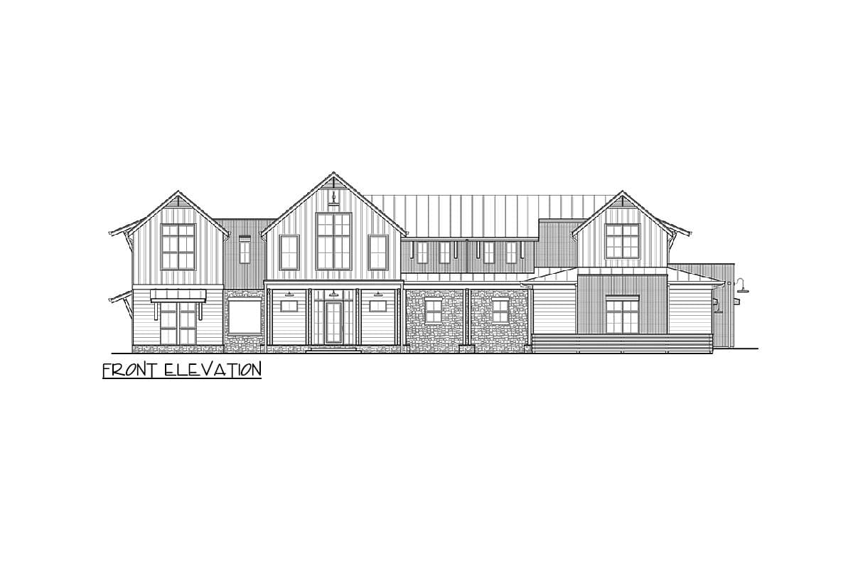 Front elevation house plan featuring a Modern Farmhouse style, multiple gables, stone accents, and covered porches.
