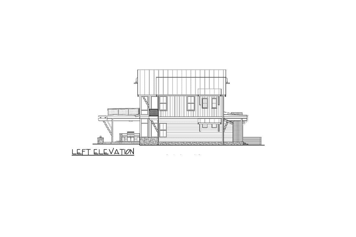 Left elevation house plan showing two stories, metal roof, balconies, and outdoor kitchen.