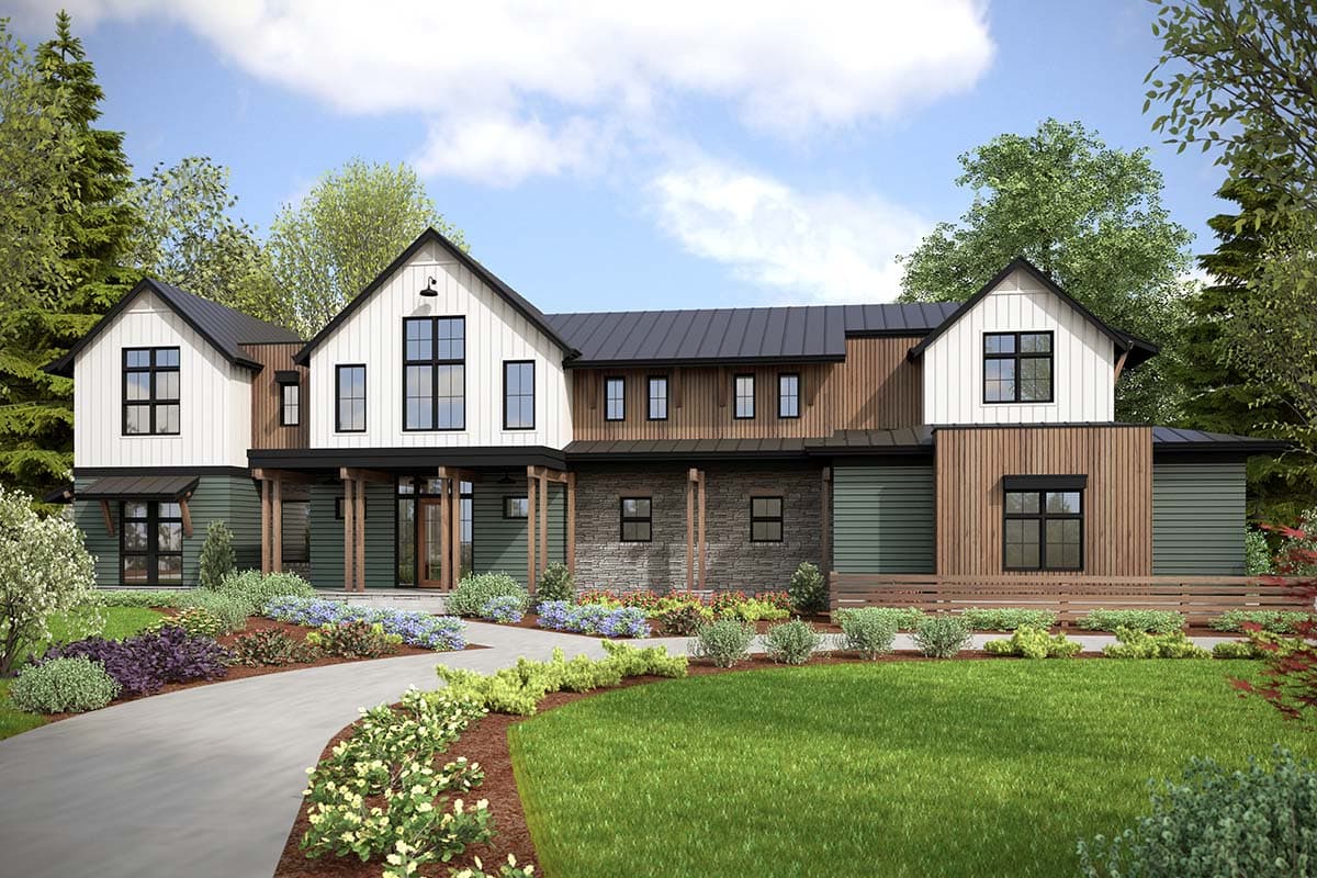 House plan exterior. Modern farmhouse style with gabled roof, covered porch, and horizontal siding. Features a mix of textures and materials.