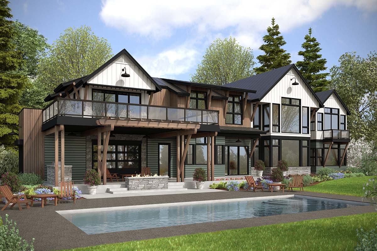 Modern farmhouse house plan exterior with multiple gables, a wraparound balcony with glass railings, and large windows.