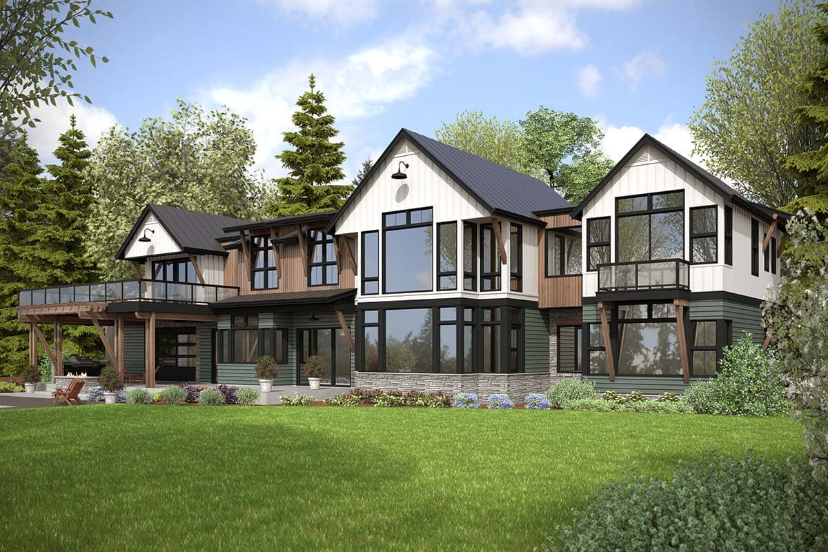 House plan exterior with modern farmhouse style, multiple gables, wood siding, stone accents, and balconies.