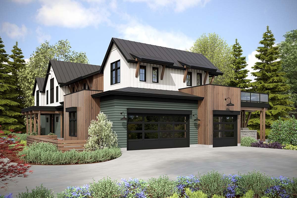 Modern Farmhouse house plan exterior with gable rooflines, wood siding, and a three-car garage. Features a deck and balconies.