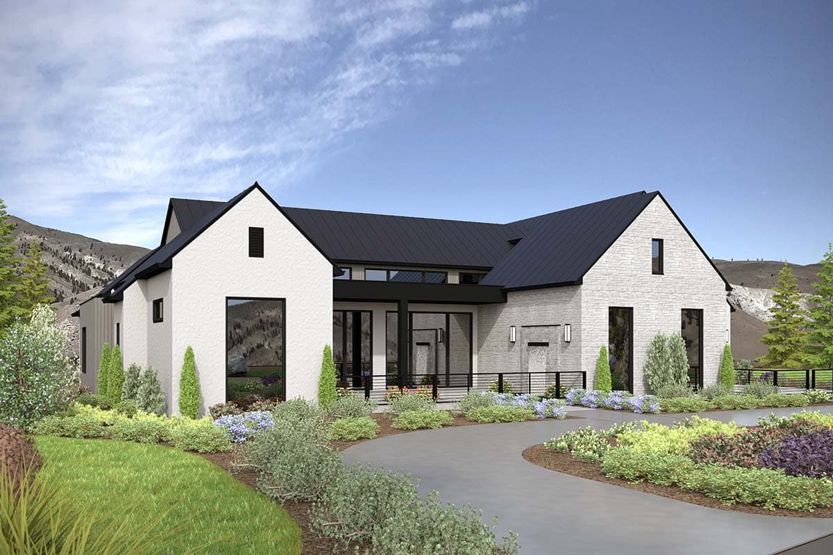 Modern house plan exterior with prominent gables, black metal roof, stone and stucco finishes, and large windows.