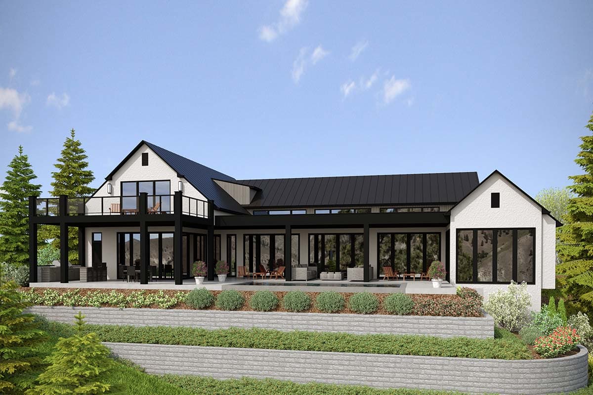 Modern Farmhouse house plan exterior with a prominent gable, second-story deck, and extensive glass doors.
