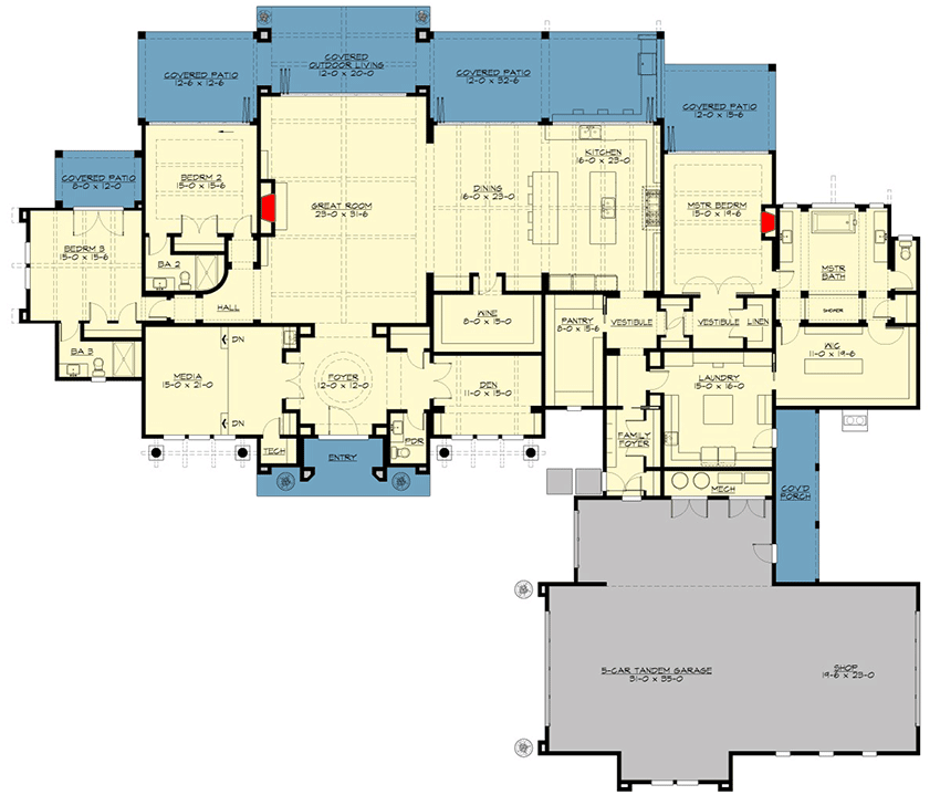 Plan 23953JD: Luxury Transitional House Plan with 3 Bedrooms - 4900 Sq Ft - Floor Plan - Main Level - European, Transitional, Tuscan