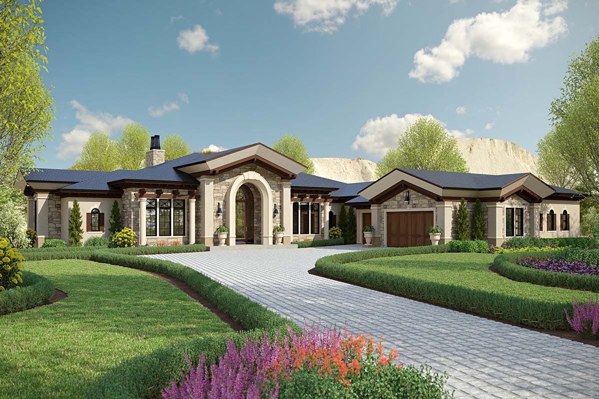 House plan exterior. One-story design with stone facade, arched entry, pergola details, and a side-entry garage.