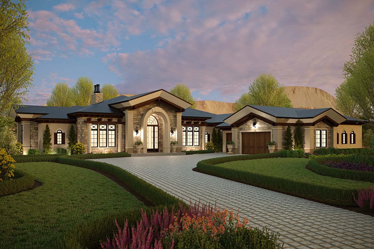 House plan exterior: One-story home with arched entryway, stone facade, multiple gables, and attached garage.