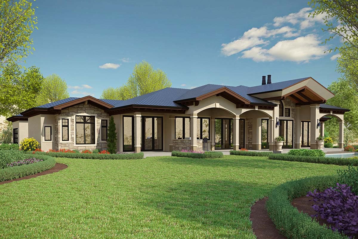 House plan exterior featuring a single-story design with stone accents, arched covered patio, and a blue metal roof.