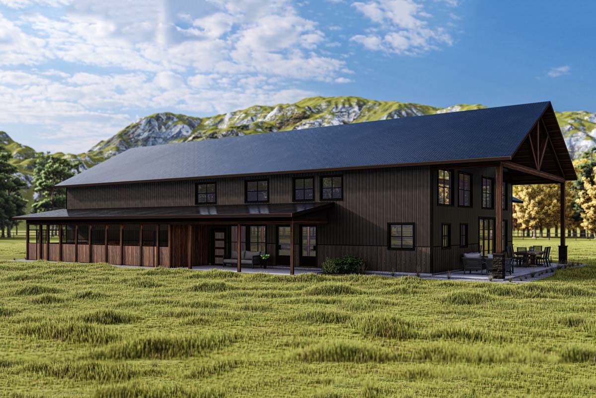 House plan exterior: Two-story modern farmhouse with wrap-around porch, metal siding, and exposed gable truss.