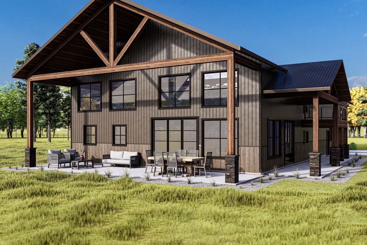 House plan exterior featuring a two-story modern barndominium style with metal siding, large windows, gabled roof, and covered patio.