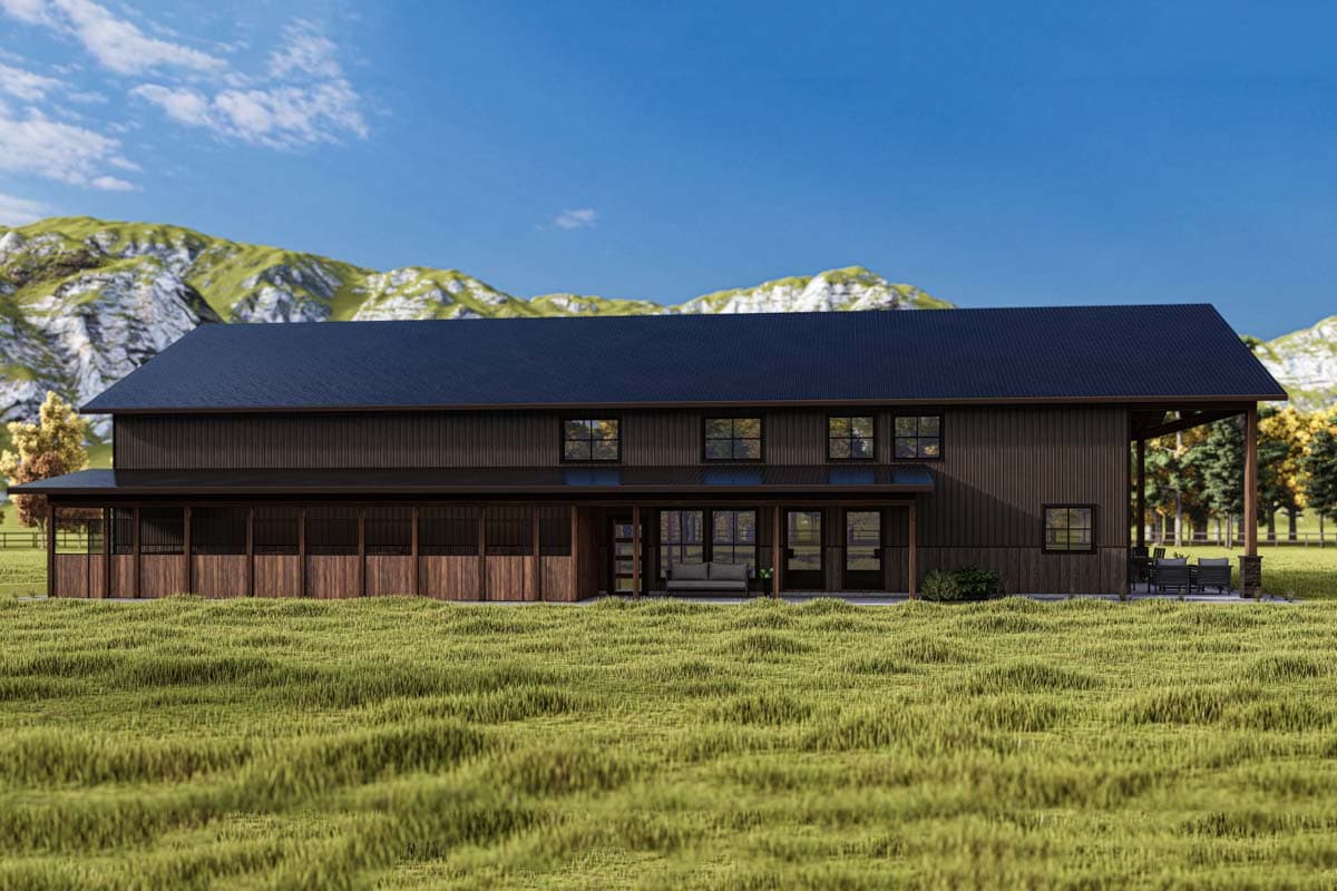 House plan exterior: two-story modern home with dark siding, metal roof, wide screened porch, and covered patio.