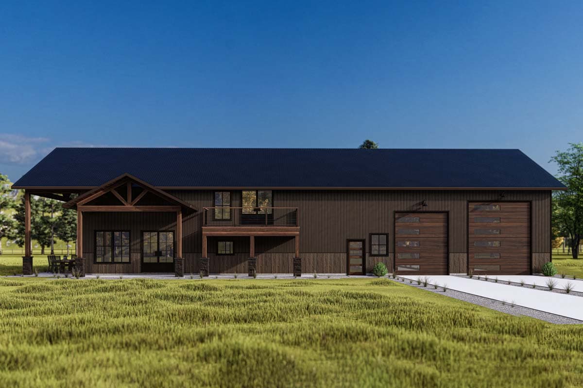 House plan exterior: Modern barn style with metal siding, large covered porch, balcony, and two glass-paneled garage doors.
