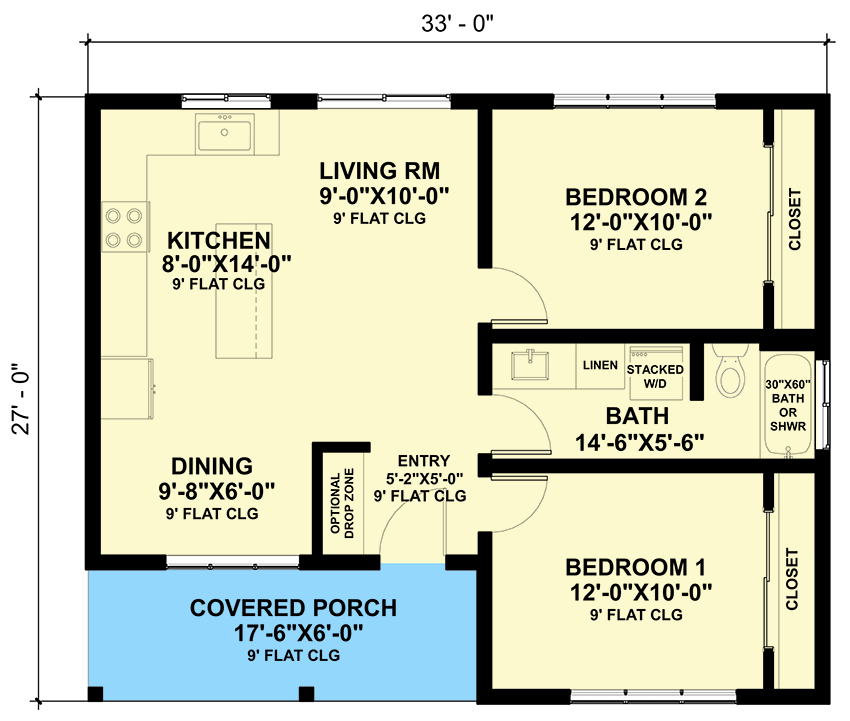 Plan 420125WNT: Country Cabin with 2 Beds and 6-Foot-Deep Front Porch - 786 Sq Ft - Floor Plan - Main Level - Cabin, Cottage, Country