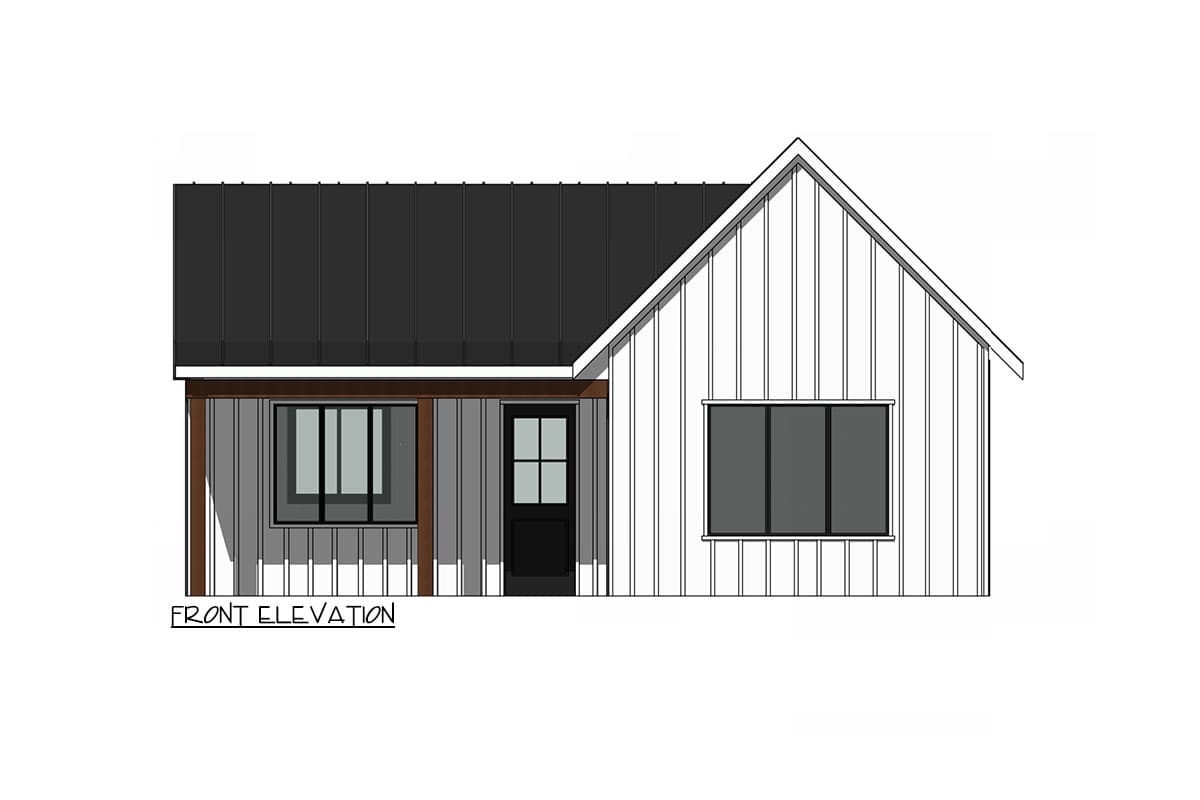 House plan front elevation featuring board and batten siding, gable roof, and a contrasting dark metal roof and entry door.
