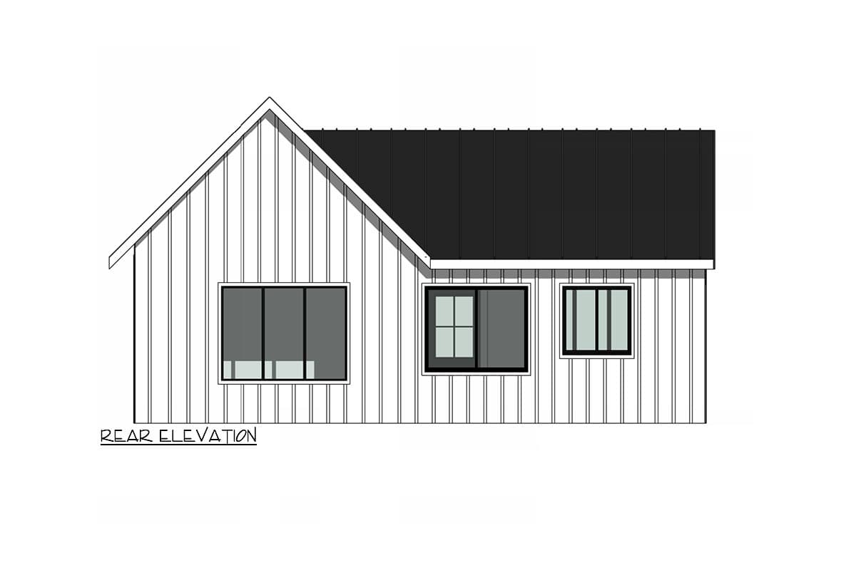 House plan rear elevation. Features include a gable roof, vertically-oriented siding, and multiple windows.