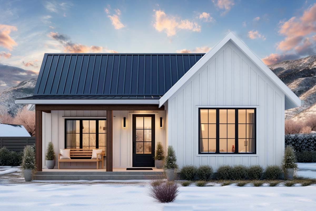 Modern farmhouse style with a single story, front porch, gable roof, and dark metal roof.