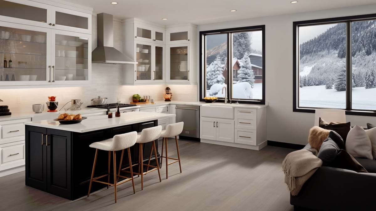 Kitchen rendering with island, stainless steel appliances, and large windows. Cabinets are white and black. Flooring is grey. Snowy mountain view.