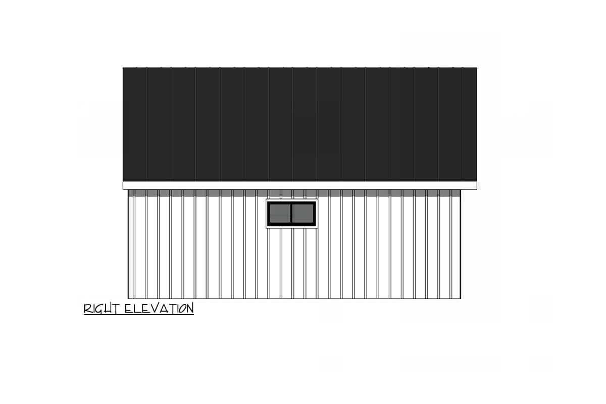 House plan exterior, right elevation view. Features include a standing seam metal roof and board and batten siding with a small window.