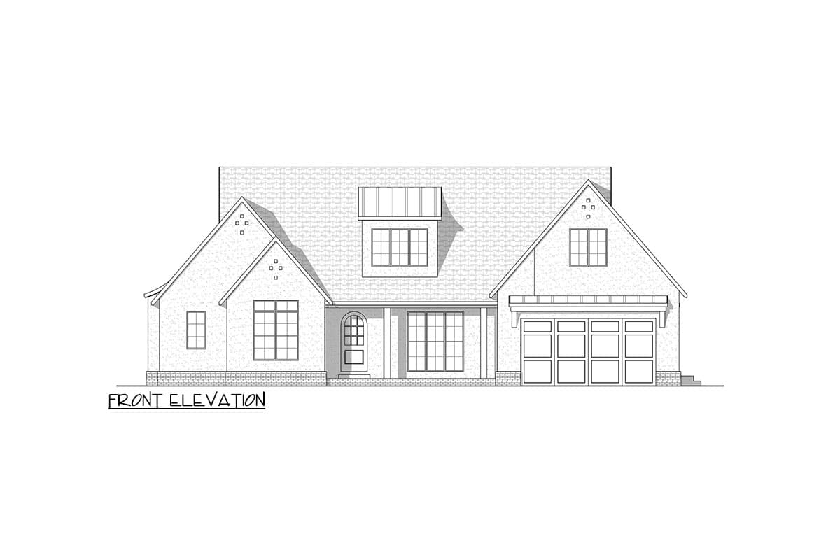 Front elevation drawing of a house plan with gables, dormer, arched entryway, and attached garage.