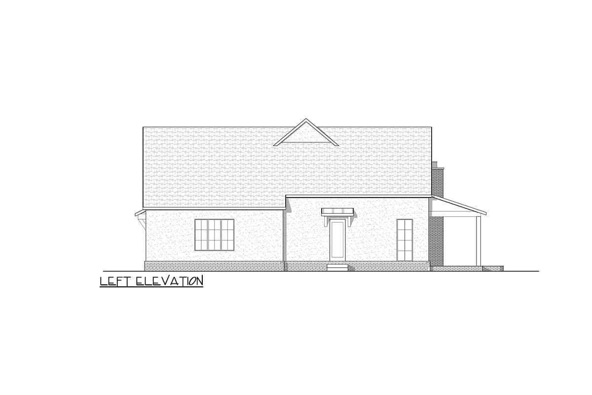 Left elevation drawing of a house plan featuring a gable roof, a covered entryway, and a side porch.