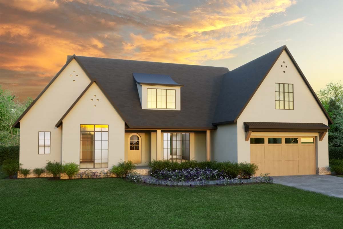 House plan exterior. Two-story, Modern Farmhouse style with gabled roof, dormers, and attached garage. Features a covered porch and large windows.