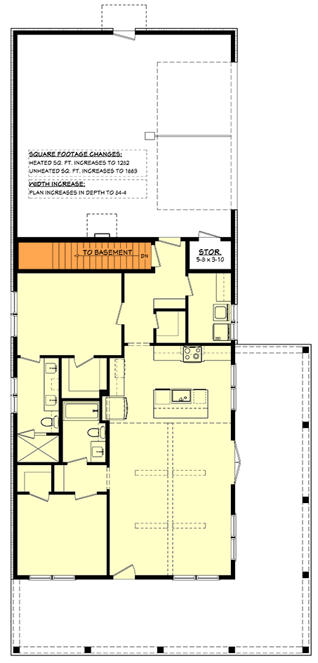 Plan 51956HZ: 2-Bed Barndominium-Style Farmhouse with Wrap Around Porch and Great Room - 1260 Sq Ft - Floor Plan - Basement Stairs Location - Barndominium, Cottage, Country, Farmhouse, Modern Farmhouse, Traditional