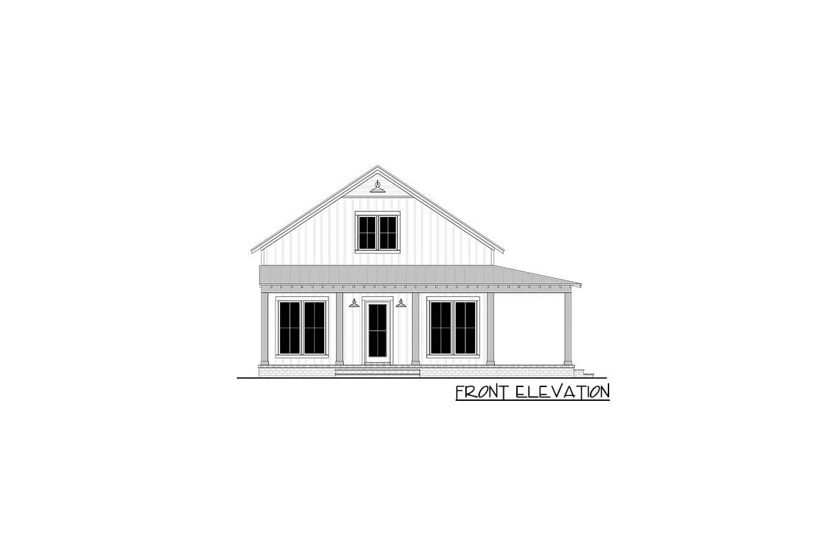 Front elevation drawing of a Modern Farmhouse style house with a gable roof, porch, and two stories.
