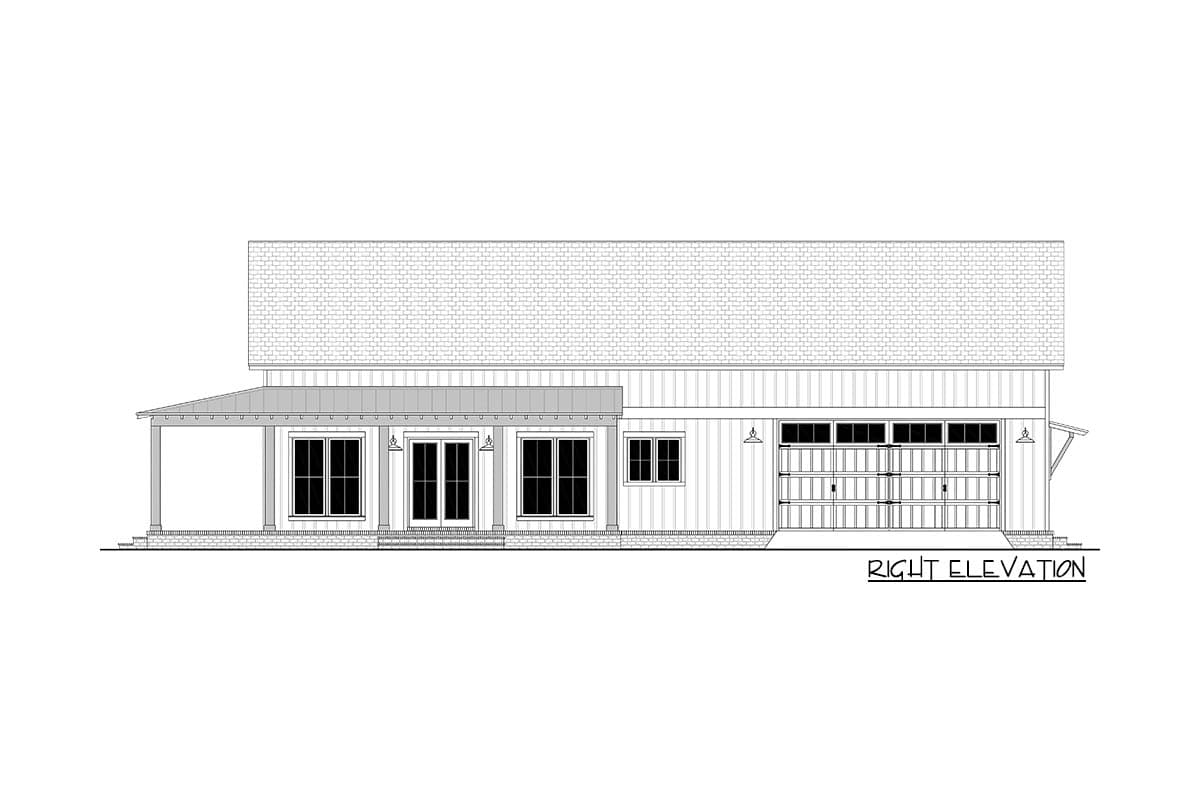 Plan 51956HZ: 2-Bed Barndominium-Style Farmhouse with Wrap Around Porch and Great Room - 1260 Sq Ft - Image #6 - Barndominium, Cottage, Country, Farmhouse, Modern Farmhouse, Traditional