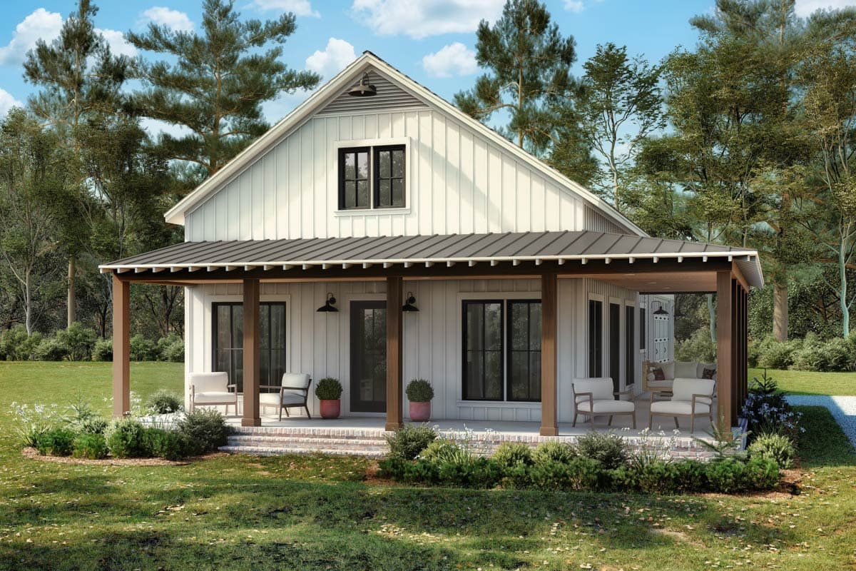 Modern farmhouse house plan exterior with board and batten siding, a metal roof, and a wraparound porch with wooden posts.