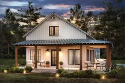 2-Bed Barndominium-Style Farmhouse with Wrap Around Porch and Great Room - 1260 Sq Ft