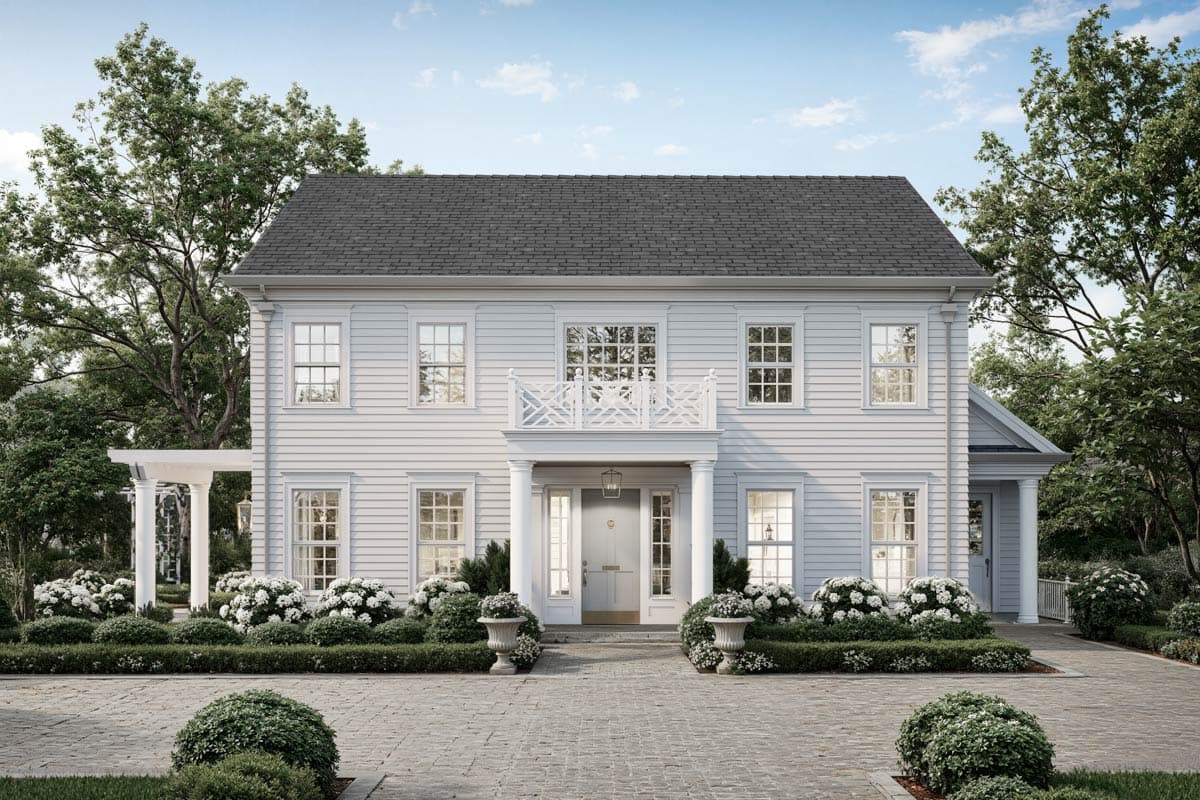 House plan exterior. Two-story Colonial-style home with a front porch, balcony, and symmetrical facade. Features a gabled roof and multiple windows.