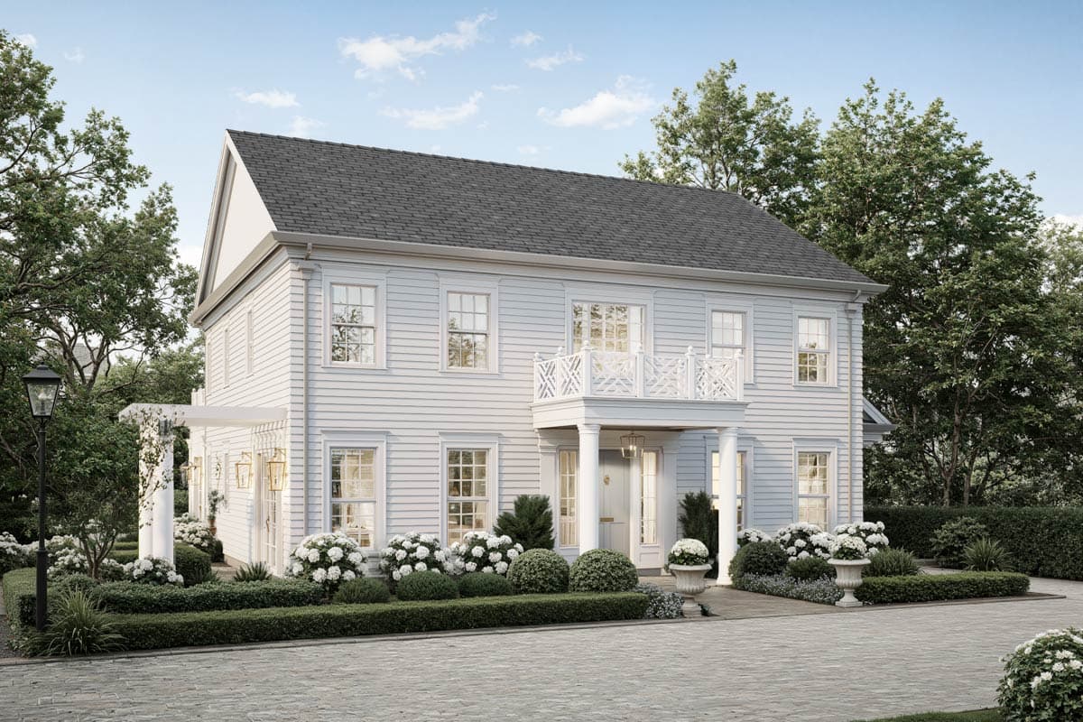 Two-story house plan exterior with white siding, prominent gables, second-story balcony, and columned entrance.