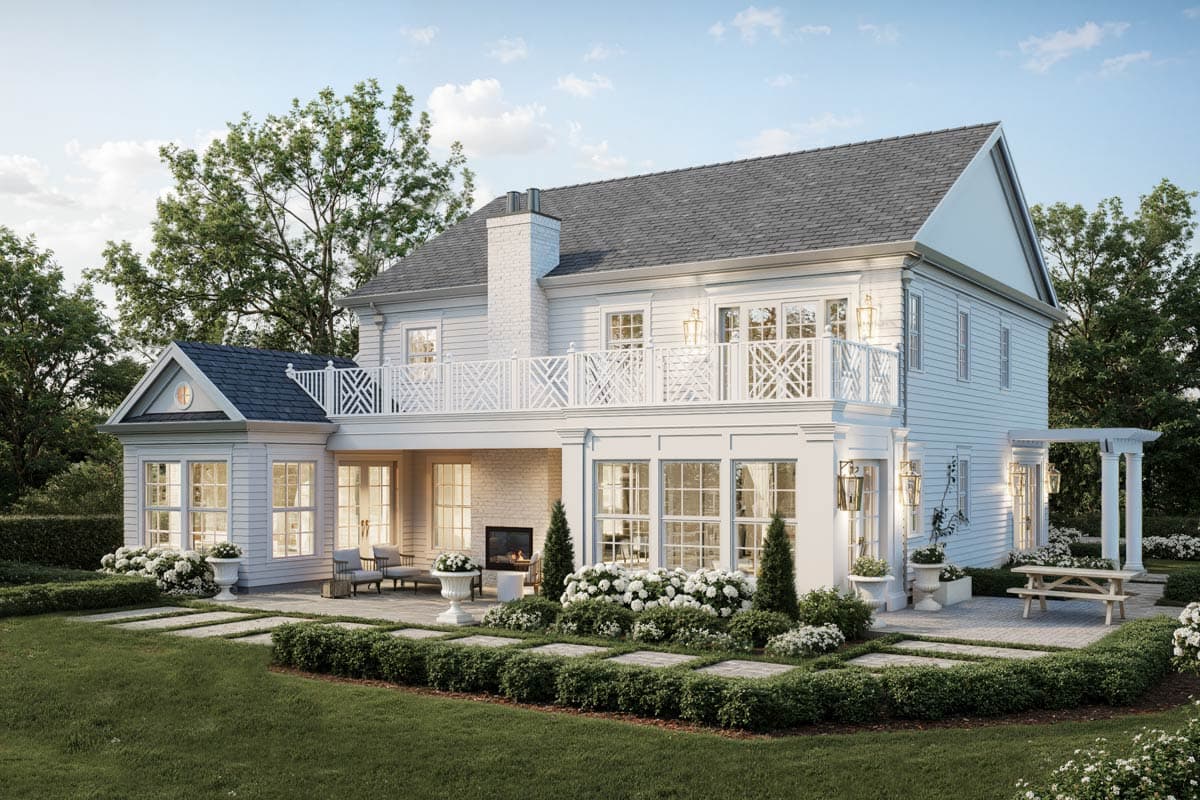House plan exterior: Two-story home with white siding, prominent brick chimney, white railings, and multiple French doors.
