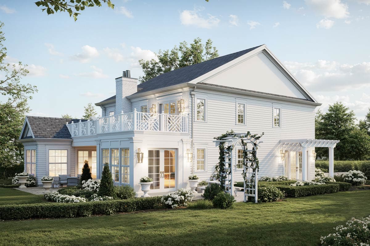 House plan exterior: Two-story white home with white balustrade balcony, brick chimney, gabled roof, and attached pergola.