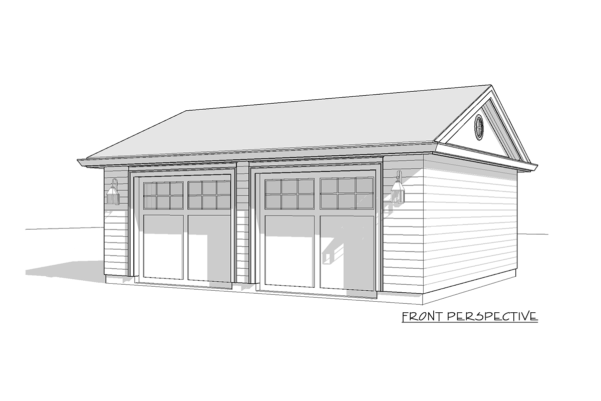 House plan exterior: two-car garage with paneled doors, side-facing lighting, horizontal siding, and a gable end with a circular window.