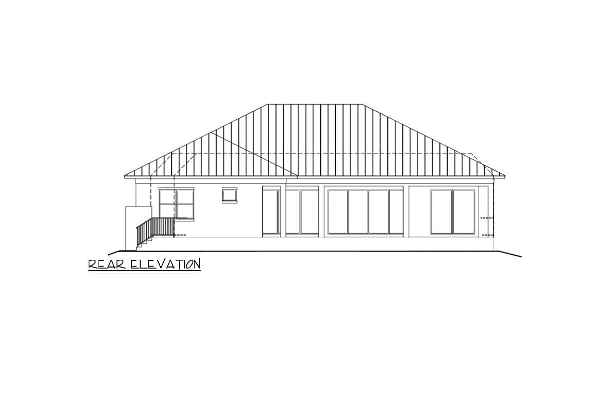 Rear elevation drawing of a one-story house with a gable roof, multiple windows, and a rear entrance with stairs.