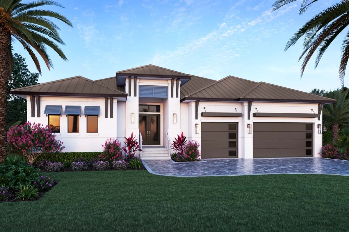 House plan exterior. One-story design with a hip roof and gabled entry. Features include a front-entry garage and covered porch.
