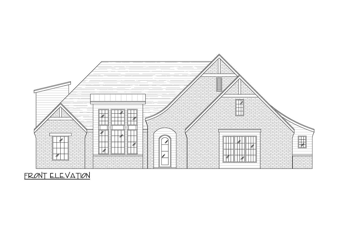 Front elevation drawing of a brick house with a prominent gable, arched entryway, and multiple grid windows.