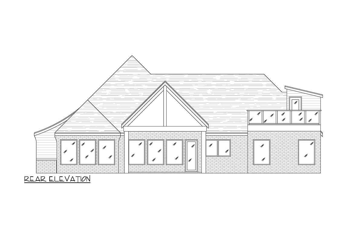 Rear elevation drawing of a house with a large gable, multiple windows, brick base, and upper-level balcony.
