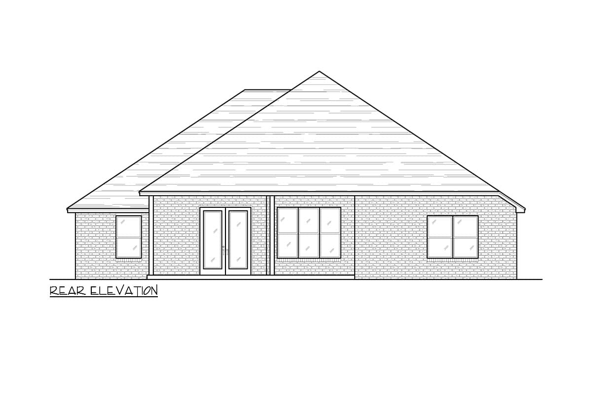 Rear elevation drawing of a single-story house plan with brick exterior, double doors, and multiple windows.
