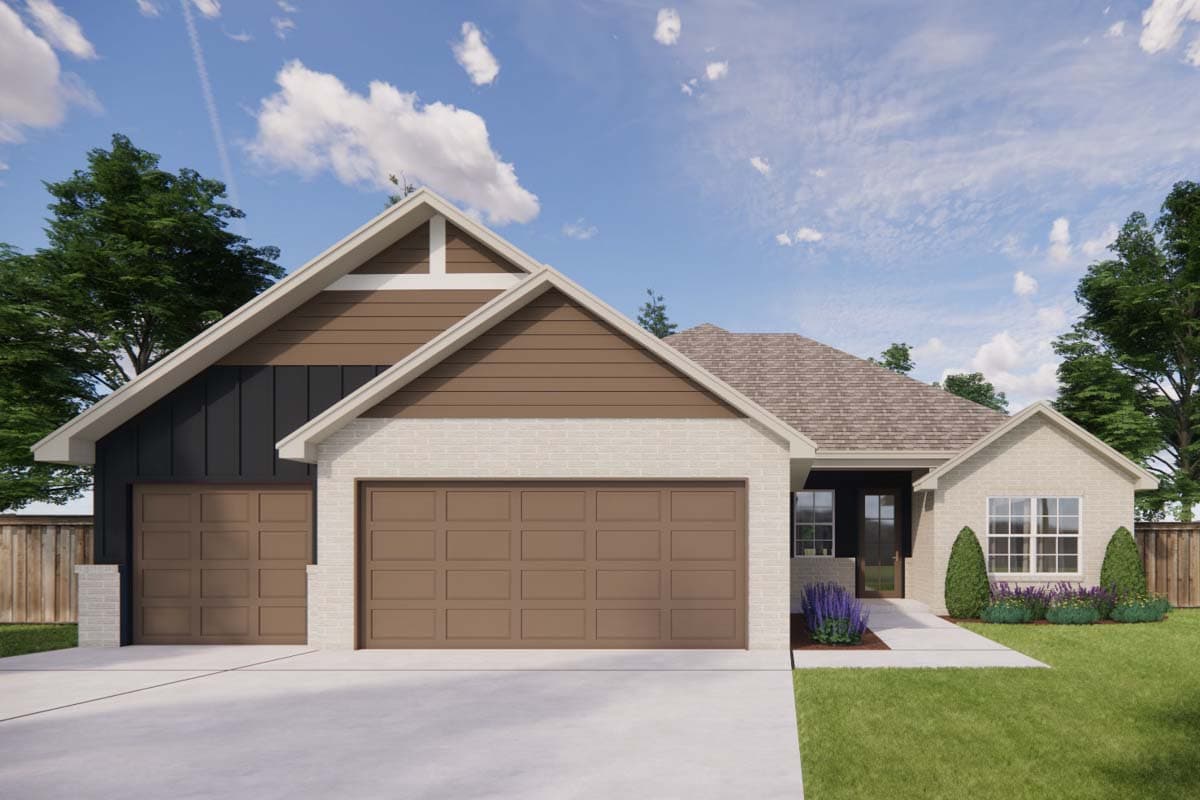 House plan exterior featuring a Modern Farmhouse style with a gable roof, two-car garage, and mixed siding materials.