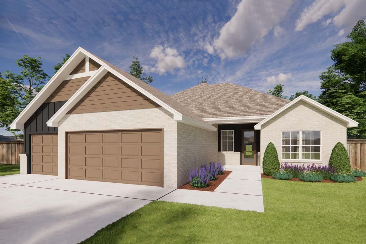 House plan exterior. Ranch style with a two-car garage, multiple gables, and a mix of brick and siding. Features a front porch and varied rooflines.
