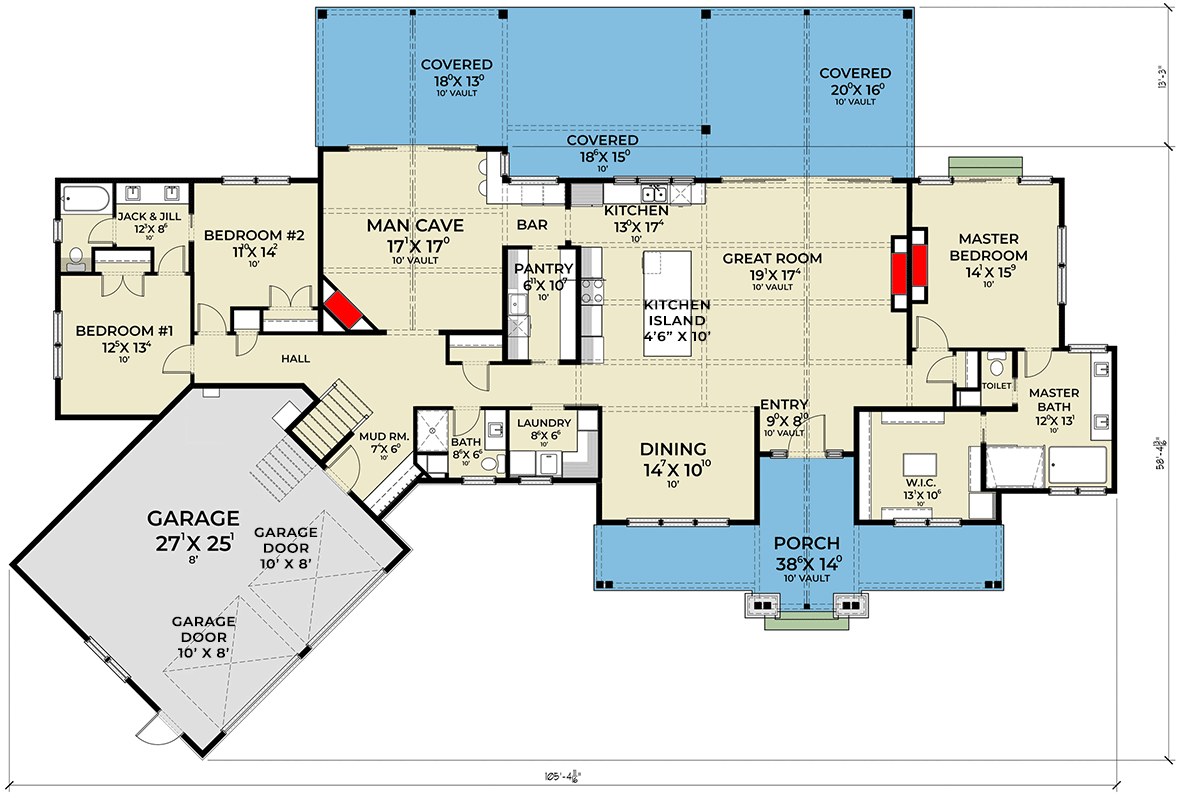 Plan 280196JWD: Country Craftsman with Two Vaulted Spaces and an Angled Garage - 3274 Sq Ft - Floor Plan - Main Level - Country, Craftsman, Rustic