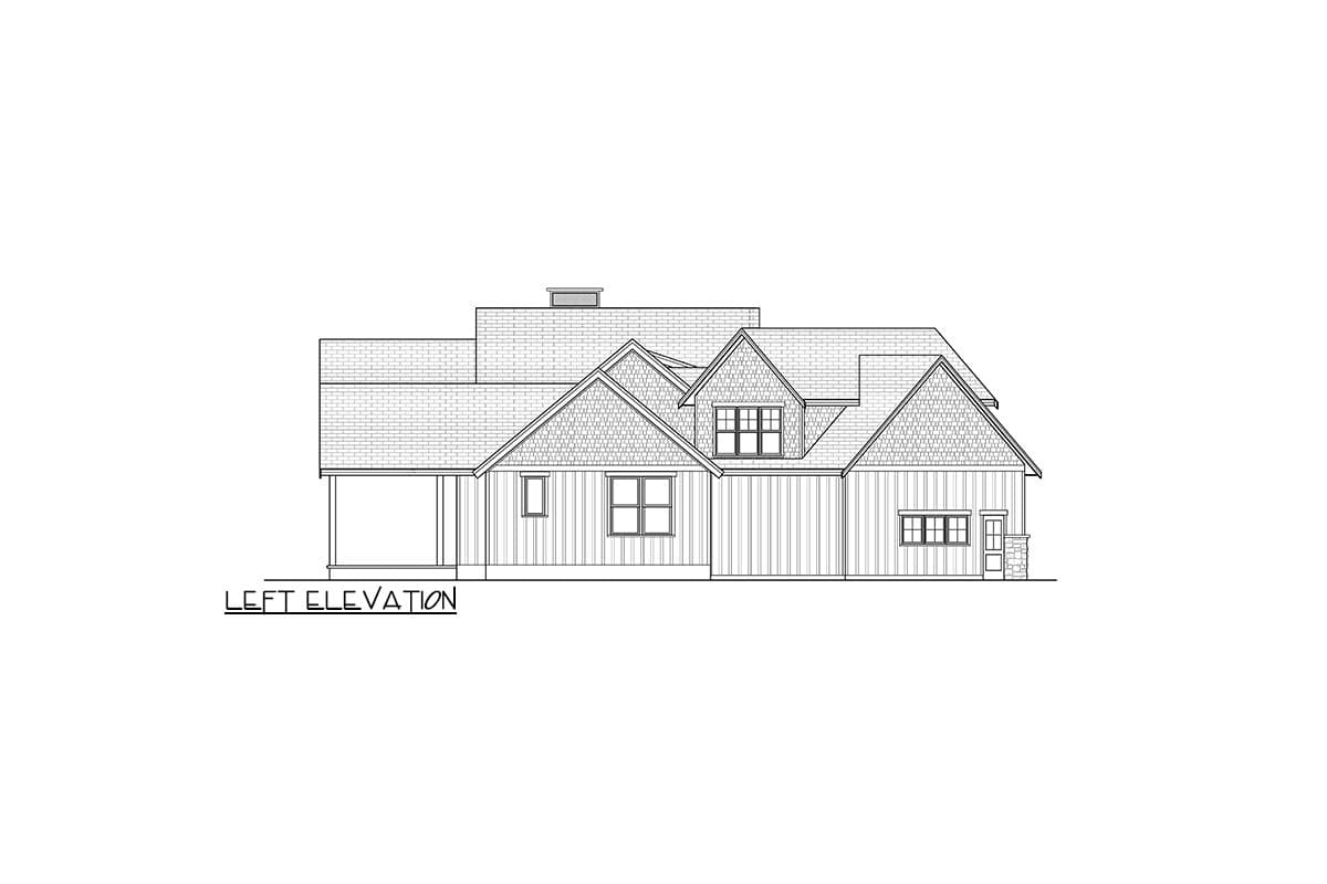 Left elevation house plan drawing with gables, dormers, porch, and varied siding.