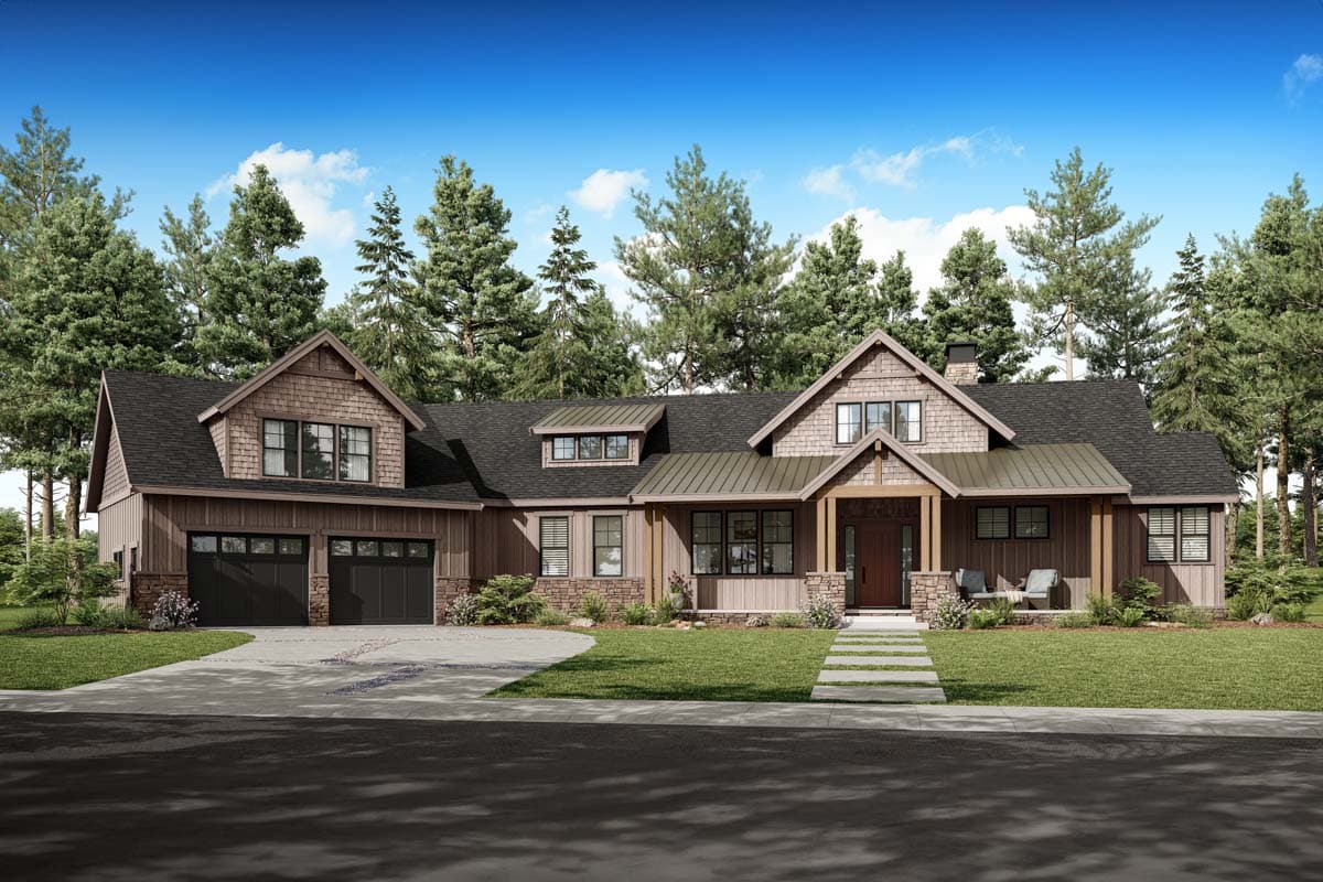 House plan exterior. Two-story Craftsman home with a gabled roof, a covered front porch, and a two-car garage with dormers.