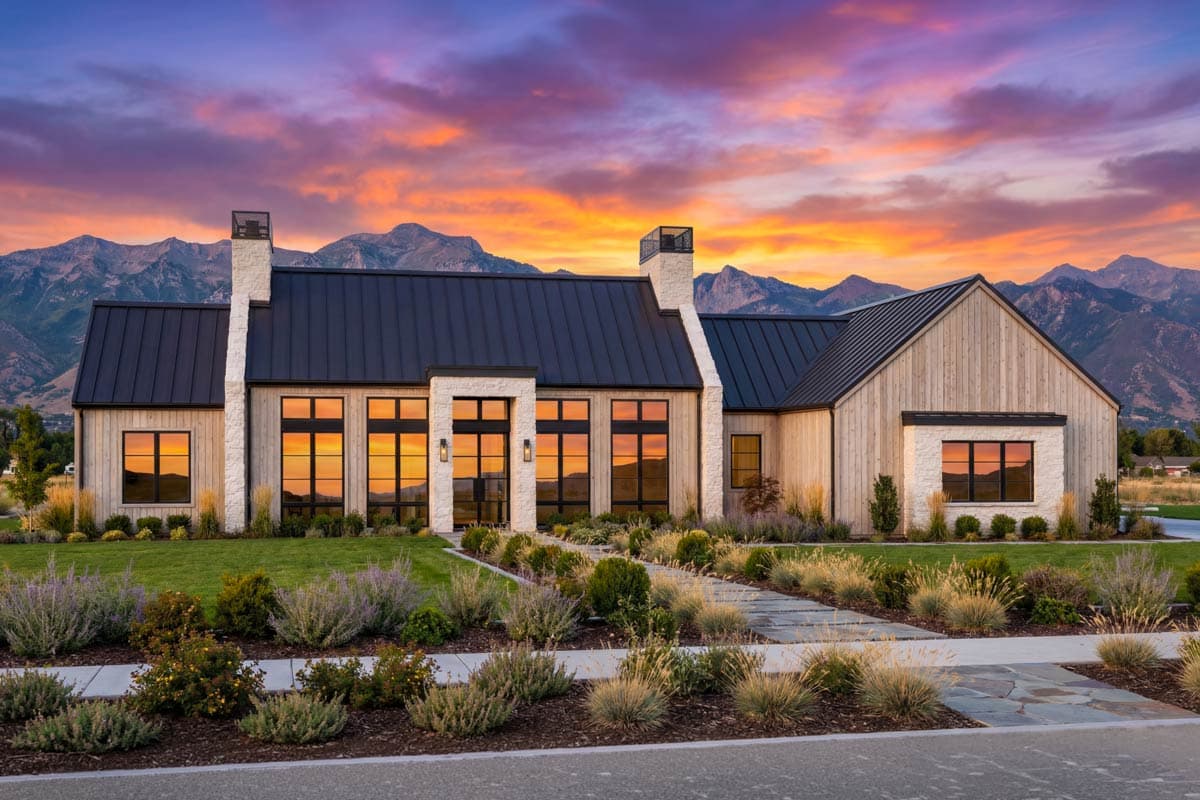 House plan exterior of a modern home with a dark metal roof, wood siding, stone accents, and large windows.