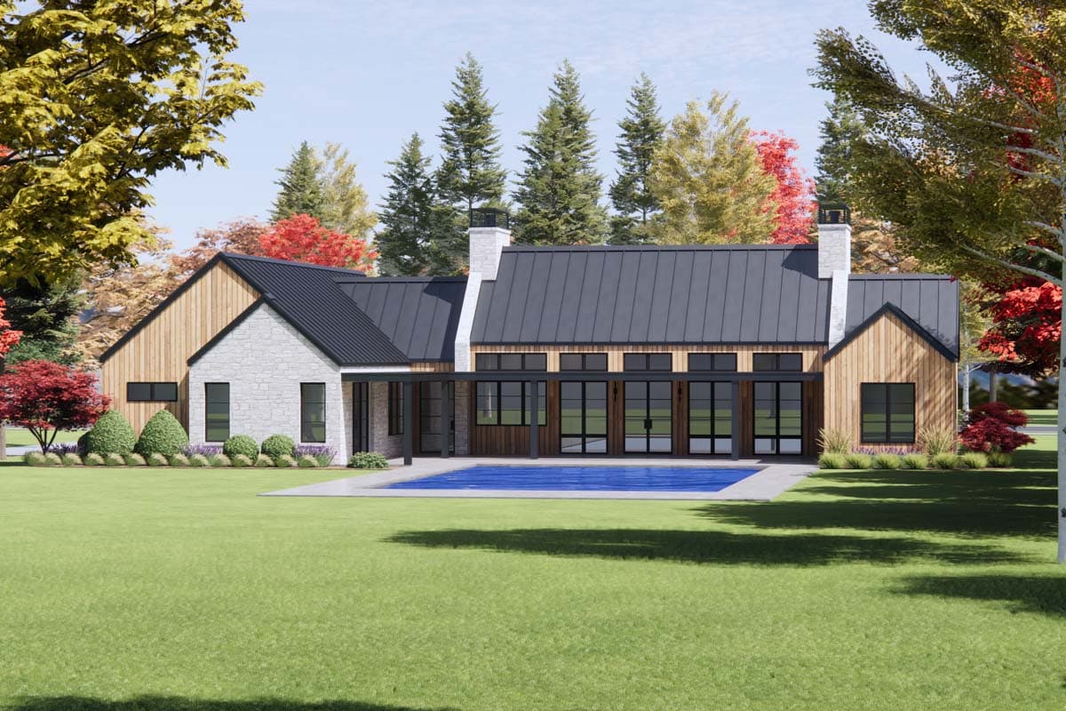 House plan exterior: Modern farmhouse style with stone and wood siding, dark metal roof, multiple gables, and large glass doors.